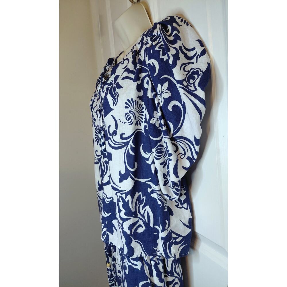 Christian Siriano Blue White Floral Resort Lounge Set Small Beaded Boho Linen - Picture 9 of 16